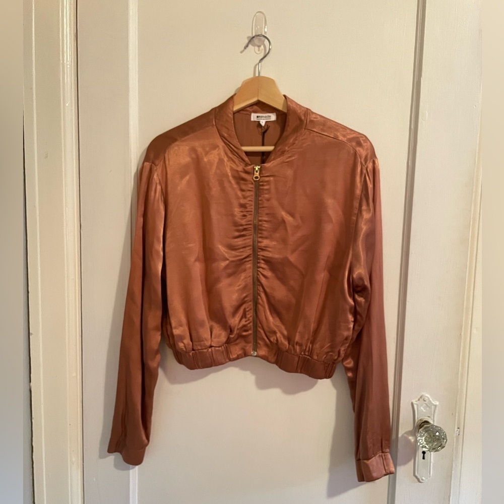 LA Made THE EIGHTIES Copper Cropped Satin Zip-Up Bomber Jacket Size S